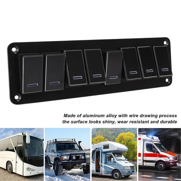 8 Gang Rocker Switch Panel 12?24V Aluminiumlegering 3 Ben Blå LED Toggle On Off Lysstyring til Bil RV Motorcykel Bus Trailer UTV