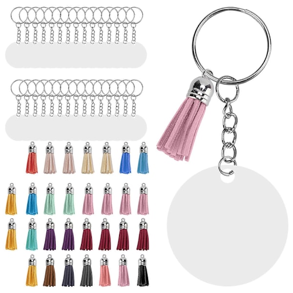 30 Set DIY Handmålade Akryl Nyckelring Ämnen Cirklar Nyckelring Tofs Set med Öglor