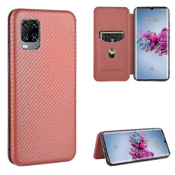 Kompatibel med Zte Axon 11 5g Kolfiber Läderfodral Folio Flip Skyddande Magnetiskt Skal Etui Coque Brown