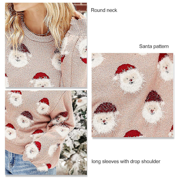 Dam Jul Tomte Stickad Tröja Rund Hals Långärmad Rolig Tröja för Höst Vinter Rosa M