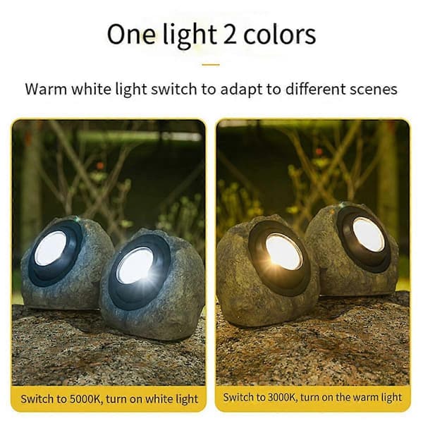 2 stk. Solcelle Hagesteinlamper - IP65 LED Vanntett Solcelle Spotlight, Bryterbar Hvit Varmt Lys Hagesteinlamper