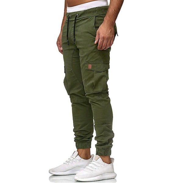 Män Drawstring Cargo Combat Byxor Casual Arbets Sport Slim Fit Multifickor Jogging Manschetter Byxor Army Green XL