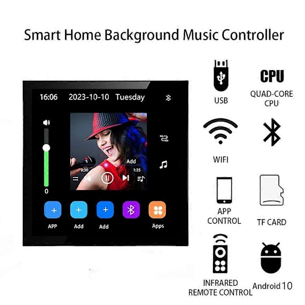 4 Tommers Andriod 10 Eshare WiFi Bluetooth Berørings Hjemmekino Digital Stereo Lyd Musikk Veggforsterker Svart