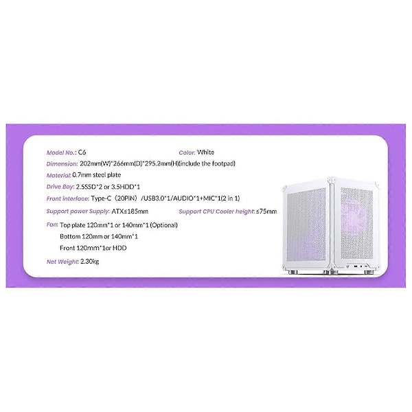 C6 MATX Mini ITX Kabinett PC Kabinett Bærbar Stasjonær Mesh Chassis Datamaskin PC Mini Datamaskin Chassis Svart