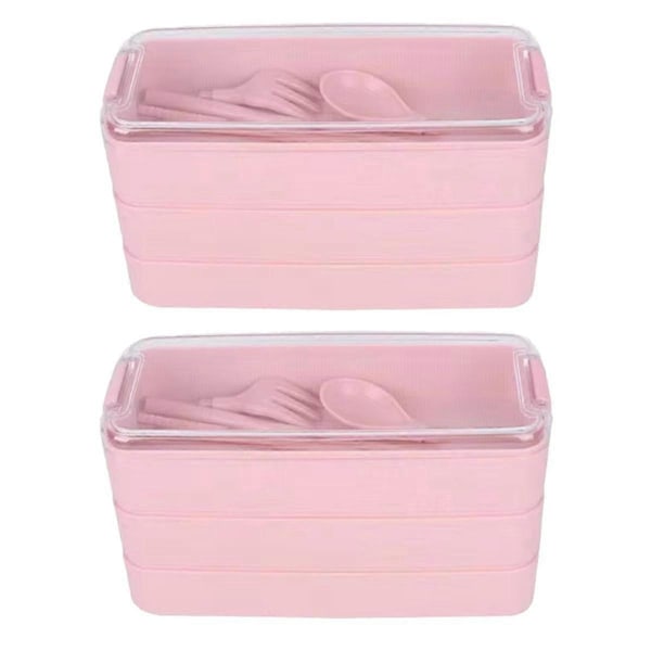 Kolmikerroksinen lounasrasia Bento-rasia Ulkolounasrasia Mikroaaltouunin kestävä haarukalla ja lusikalla, pinkki