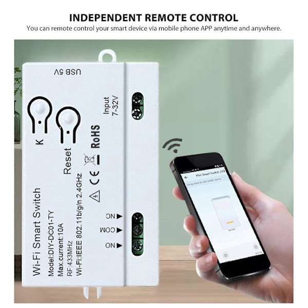 WiFi Relekytkin 1CH Ääniohjaus APP Kaukosäädin Langaton Kytkinmoduuli Lampulle Tuulettimen Pistorasialle 7?32V USB 5V