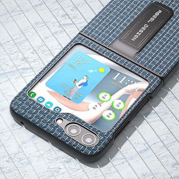 Luksuriøst tekstureret cover med støttefod i ægte okselæder + PC-telefoncover til Samsung Galaxy Z Flip5 5G Blue
