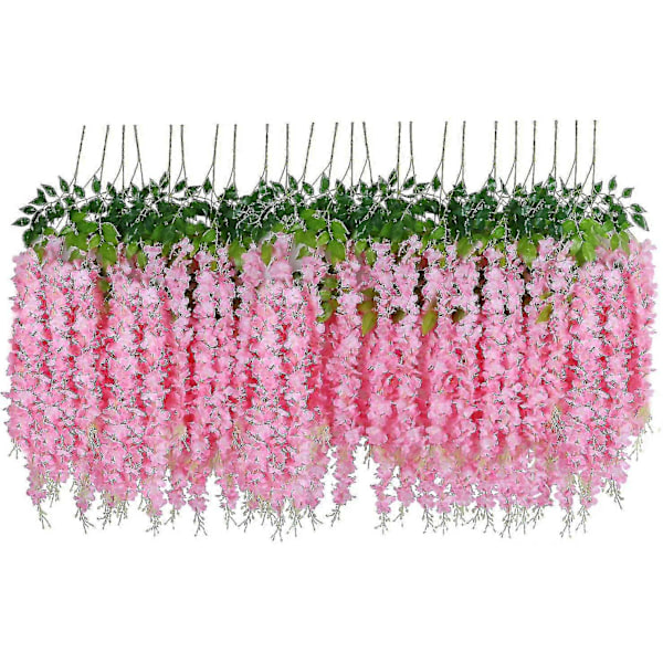 Kunstig Fake Wisteria Slyngplante Hengende Silkeblomster Hjem Bryllupsfest Dekor (24 stk, Strand, Hvit) Pink