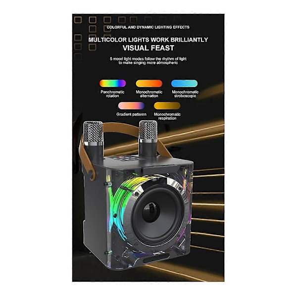 Tehokas Karaoke Bluetooth -kaiutin, jossa musiikin rytmivalo, stereoäänentoisto, langaton subwoofer ja kaksi mikrofonia, vaaleanpunainen