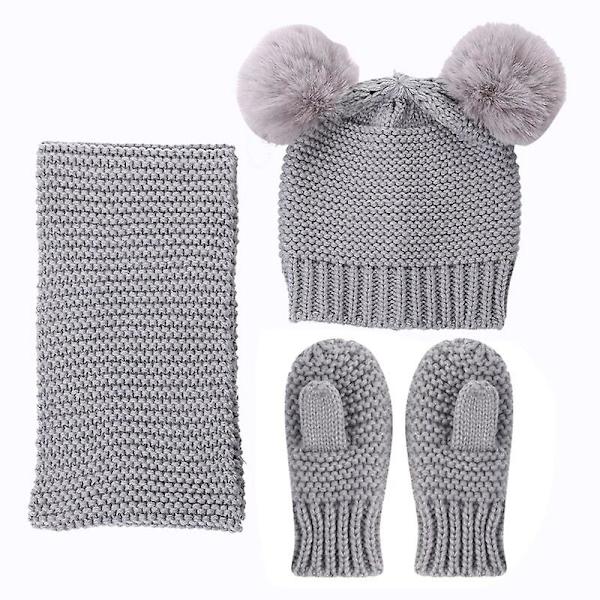 Barn Mössa Halsduk Vantar Set Pom Pom Varm Vinter Stickad Mössa Vantar Gray