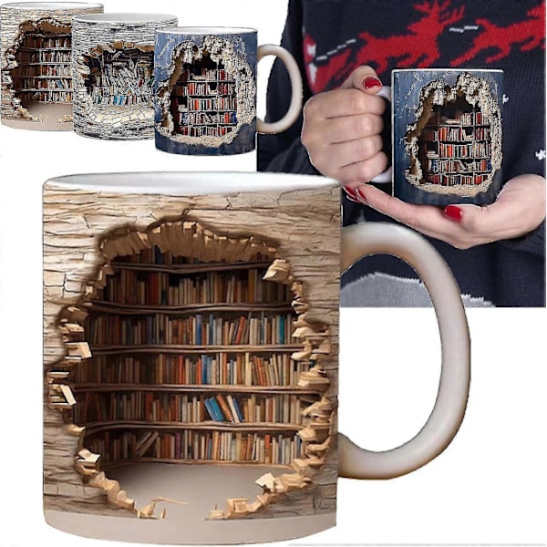 3D Bogreol Nyhed Kaffekrus Til Læsere, 3D Visuel Effekt Keramisk Krus Bogorm Kaffekrus Julegaver Til Bogelskere B