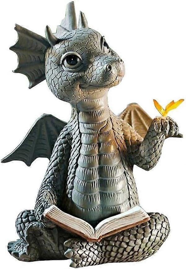 Drakstaty som läser bok, dinosaurie med fjäril, figuriner A