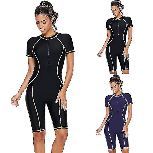Dam Zip Front Kortärmad Baddräkt Strandkläder black M