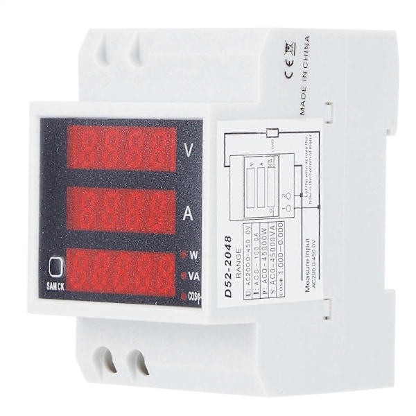 DinRail Spännings- och Strömmätare Digital Multifunktionell Effektfaktortestare AC200-450V