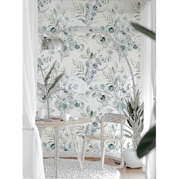 Selvklebende Tapet Grønn/hvit Eukalyptus Blad Blomstermønster Veggmaleri Hjem Barnerom Boho Dekor 45 cm X 3 m
