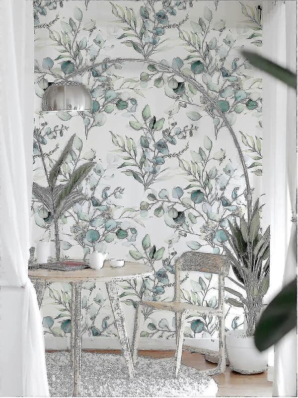 Självhäftande Tapet Grön/Vit Eukalyptusblad Blommig Väggmålning Hem Barnrum Boho Dekor 45 cm X 3 m