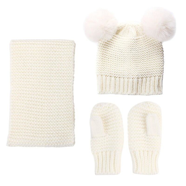 Barn Mössa Halsduk Vantar Set Pom Pom Varm Vinter Stickad Mössa Vantar White