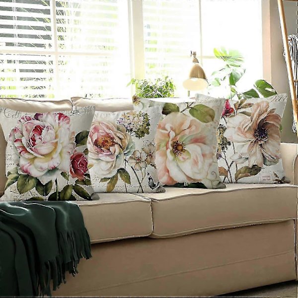 Sett med 4 Retro Rose Blomst Beige Sofapute Vaskbar Polyester Lin Tekstil Dekorativ - ya01