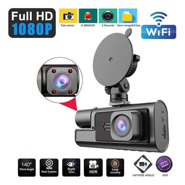 Bil Dash Cam Full HD Front & Innvendig Bilkjøringsopptaker Dash Kamera med 140 Bred Vinkel, G-Sensor, Loop-opptak