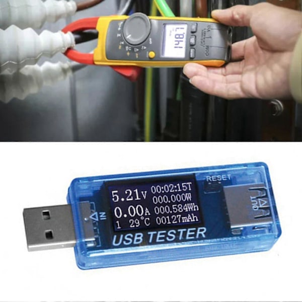 USB Tester Strøm Spænding Kapacitet Timing Effekt Wh Temperatur Display USB Voltmeter Blå