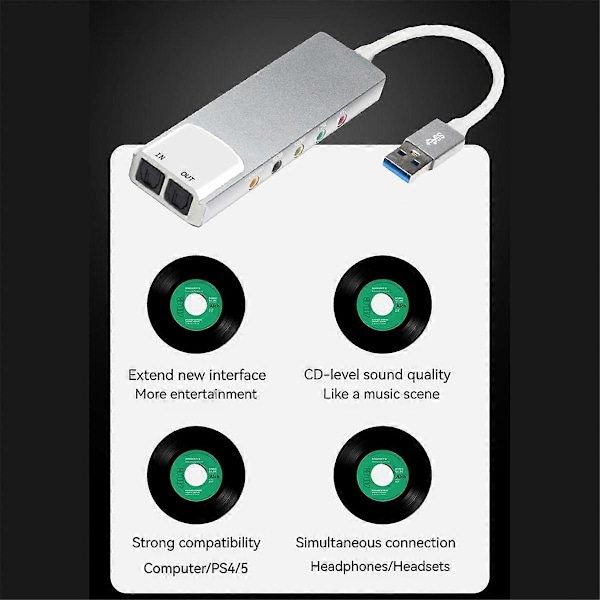 USB Ekstern Lydkonverter Eksternt Lydkort 5.1 Kanal Hodetelefonadapter Lydkort SPDIF for PC Datamaskin