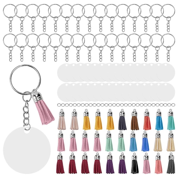 30 Set DIY Handmålade Akryl Nyckelring Ämnen Cirklar Nyckelring Tofs Set med Öglor