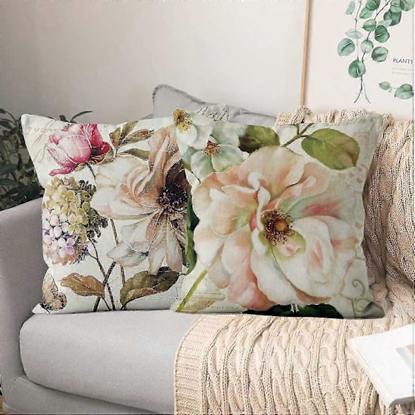 Sæt med 4 Retro Rose Blomst Beige Sofapuder Vaskbart Polyester Hør Tekstil Dekorativ - ya01