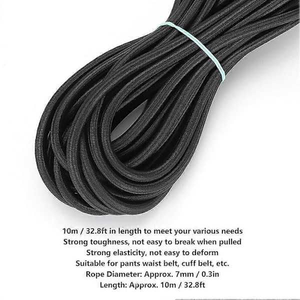 7mm 10m / 32,8ft Rund Elastisk Snor til Tøj med Stærk Elasticitet til DIY Tøj Sort