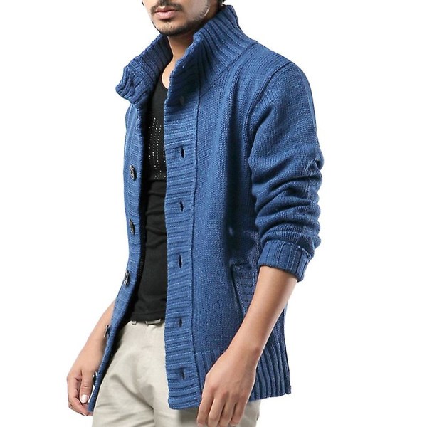 Herr Enfärgad Kofta med Knappar Tröja Jackor Ståkrage Stickad Tröja Jackor Stickade Toppar Denim Blue 2XL