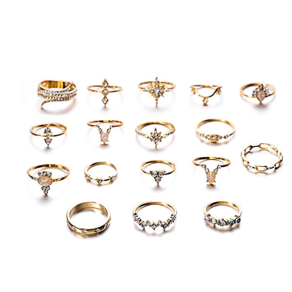 17 st Unika Graverade Stapelbara Knogringar Legering Boho Etnisk Stil Faux Ädelsten Fingerringar Smyckestillbehör