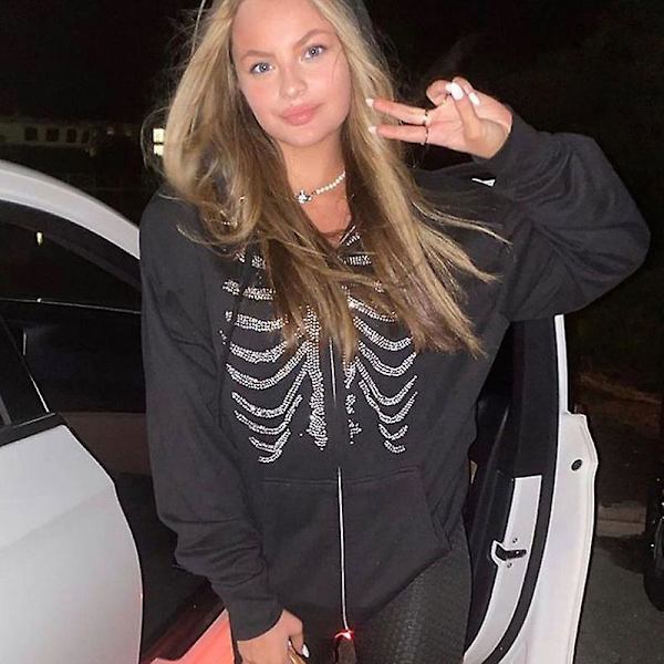 Dam Rhinestone Utskuren Hoodie Gotisk Dragkedja Streetwear M