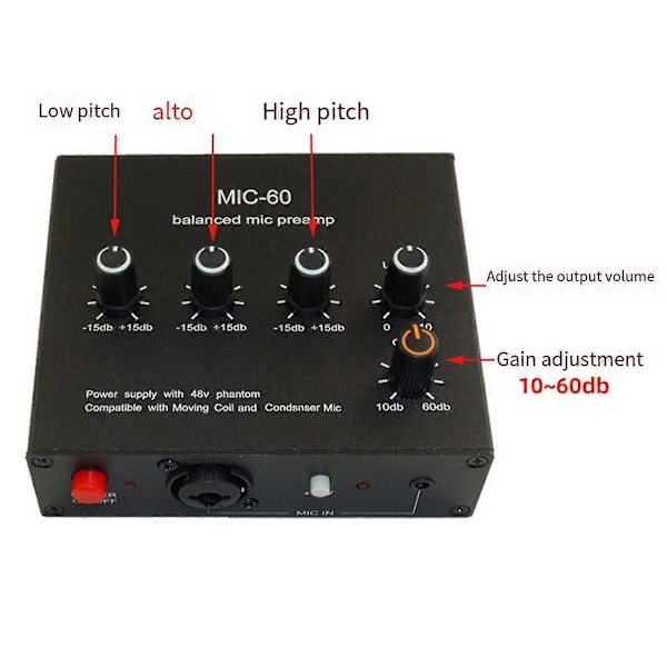 Balanserad Dynamisk Mikrofonförstärkare Musik Ljudförstärkare MIC-60 med 48V Fantommatning med 3,5mm Kabel