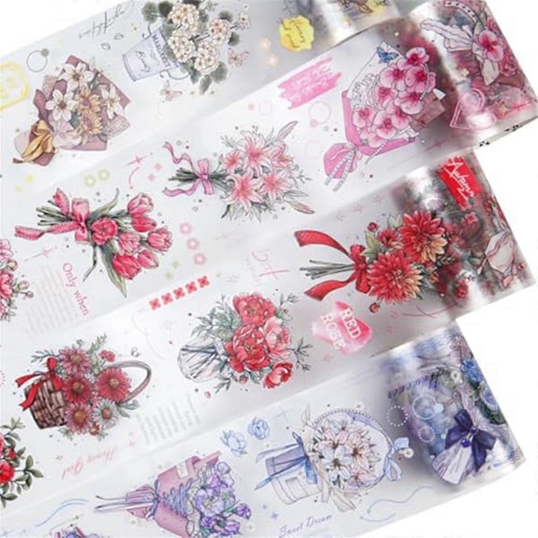 PET-teippisetti, 4 rullaa maisemateemaisia ephemera-teippejä roskaleikekirjoihin, scrapbookingiin, askarteluun, DIY-projekteihin, Kukkakimppu-sarja