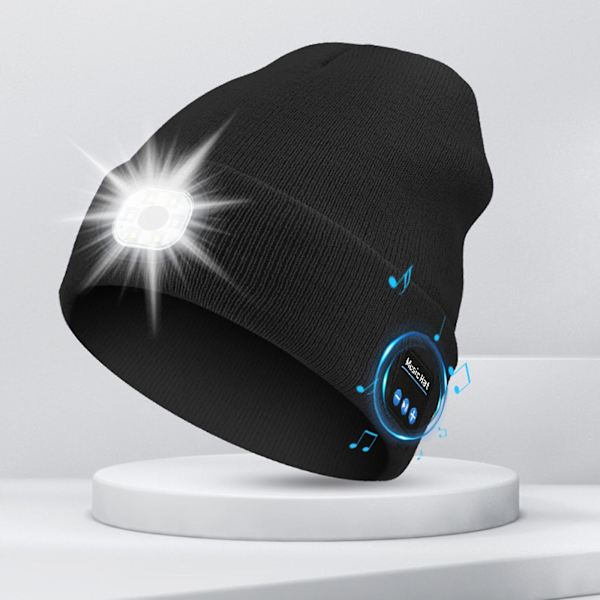 Bluetooth Mössa med Lampa, Unisex USB Uppladdningsbar 6 LED Pannlampa Mössa med Trådlösa Hörlurar Black