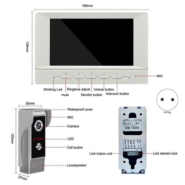 Video Intercom System 7 Tommer Video Dørklokke Dør System Kits Støtte Opplåsing Overvåking for Villa Hjem EU Plugg
