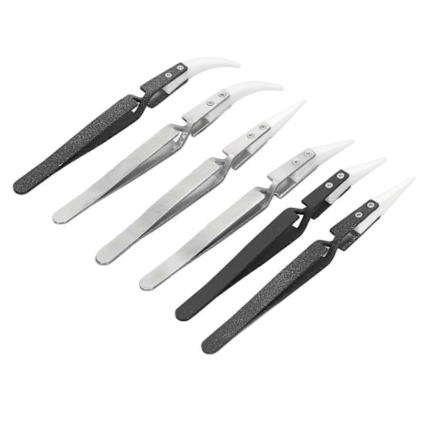 6 stk. Anti-magnetisk loddetang, spiss, buet, rustfritt stål, keramisk, varmebestandig tangsett for