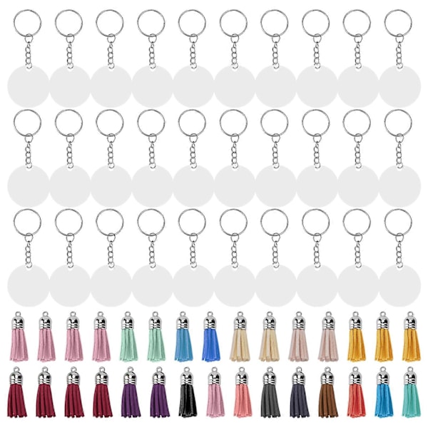 30 Set DIY Handmålade Akryl Nyckelring Ämnen Cirklar Nyckelring Tofs Set med Öglor
