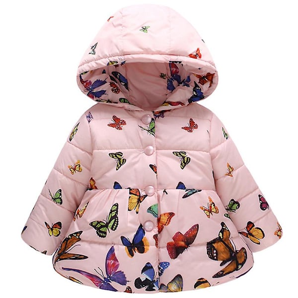 Vinterjacka för små flickor med blommönster, tjock vadderad huva Pink Butterfly 5-6 Years