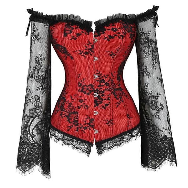 Dam Off Shoulder Mesh Transparent Spets Långärmad Korsett Dragsko Midja Figurformande Partytoppar