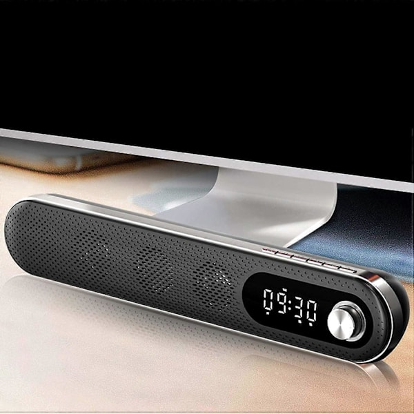 Langaton USB Pöytä Bluetooth Kaiutin Soundbar Yövalolla Herätyskello FM Lämpötila PC TV Tietokone Kotiin, Musta