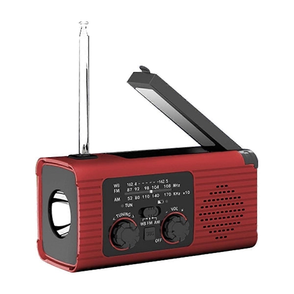 Hätätilanteen sääradio, 2000 mAh säävaroitusradio aurinkolatauksella, käsikammella ja USB:llä, AM/FM-radio punainen