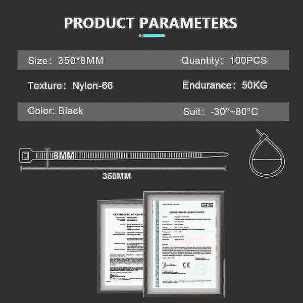 100 stk. Lange Kabelbinder - 350mm X 8mm - UV-Resistente - 50kg Trækstyrke - Sort