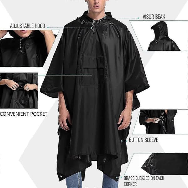 Poncho i militærstil, multifunksjonell ripstop-regnponcho med hette, vanntett regnfrakk for utendørsaktiviteter (1 stk) Black