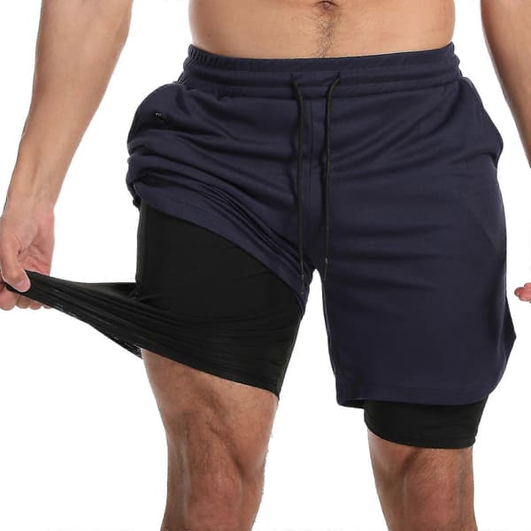2-i-1 Snabbtorkande Träningsshorts för Män, Lätta Atletiska Gymshorts med Kompressionsfoder - Marinblå M