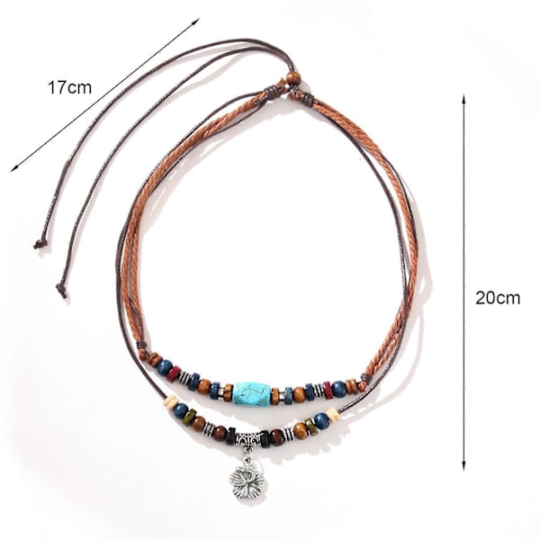 Halsband för män, lager på lager, etnisk stil, metallblomma, vaxrep, träpärlor, turkos nyckelbenskedja, smyckestillbehör
