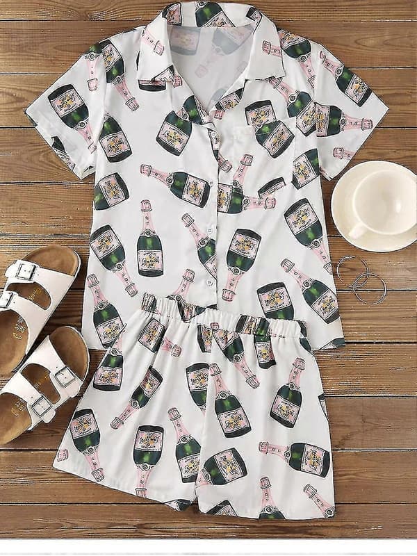 Champagne Flaskor Knapp Pyjamas Set Kvinnor Tryckt Kortärmad 2 Delar Mjuk Lös Casual Nattkläder M