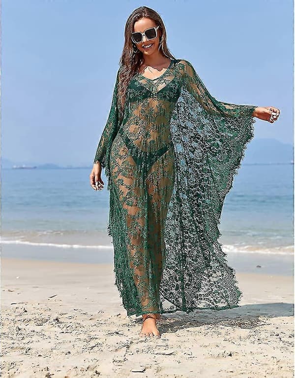 Strandklänning Boho Spets Kimono Plus Size Bikini Morgonrock Baddräkt för Kvinnor Enfärgad Dark Green