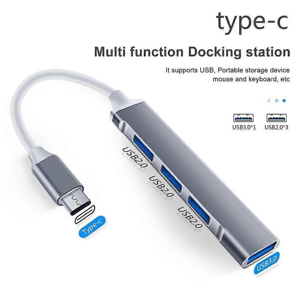 Multifunktionell Dockningsstation 4 Port USB-C Hub Plug And Play Höghastighetsdataöverföring Typ-C/USB3.0 till USB2.0 Multi Splitter Adapter Laptop Tillbehör