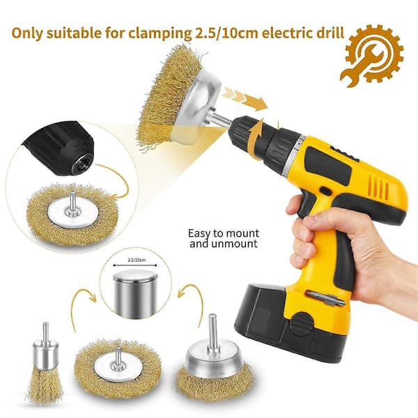 Stålbørste for drill, 1/4in drillfeste, 3in messing stålbørste for drill rustfjerning kraftig stålbørste drillbit