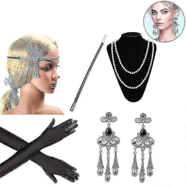 1920-tals Tillbehör Set Flapper Pannband, örhängen, pärlhalsband, handskar Style 3